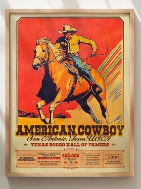 American Cowboy Rodeo Poster Texas Hall, Vintage Western Art